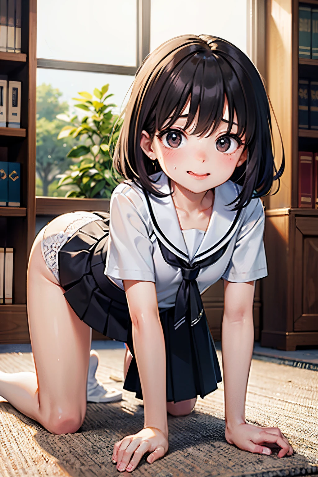 Beautiful illustration、top-quality、超A high resolution、Professional、Cute  s、10years oldl、
Cute One Piece Clothes、Sheer clothes、Turn up your skirt、Show white panties、((Bitten underwear))、
Black hair、Okabo head、Bangs、Well-groomed hair、Black eyes、Faces of schoolchildren、 tongue、White sweat on the face、
Small、nipple erect、pointed Nipple、a navel、Show me your pants、lovely thighs、glowing thigh、skinny legs、
embarrassed from、Nervous crawling on all fours(Raise your buttocks)、
atlibrary、