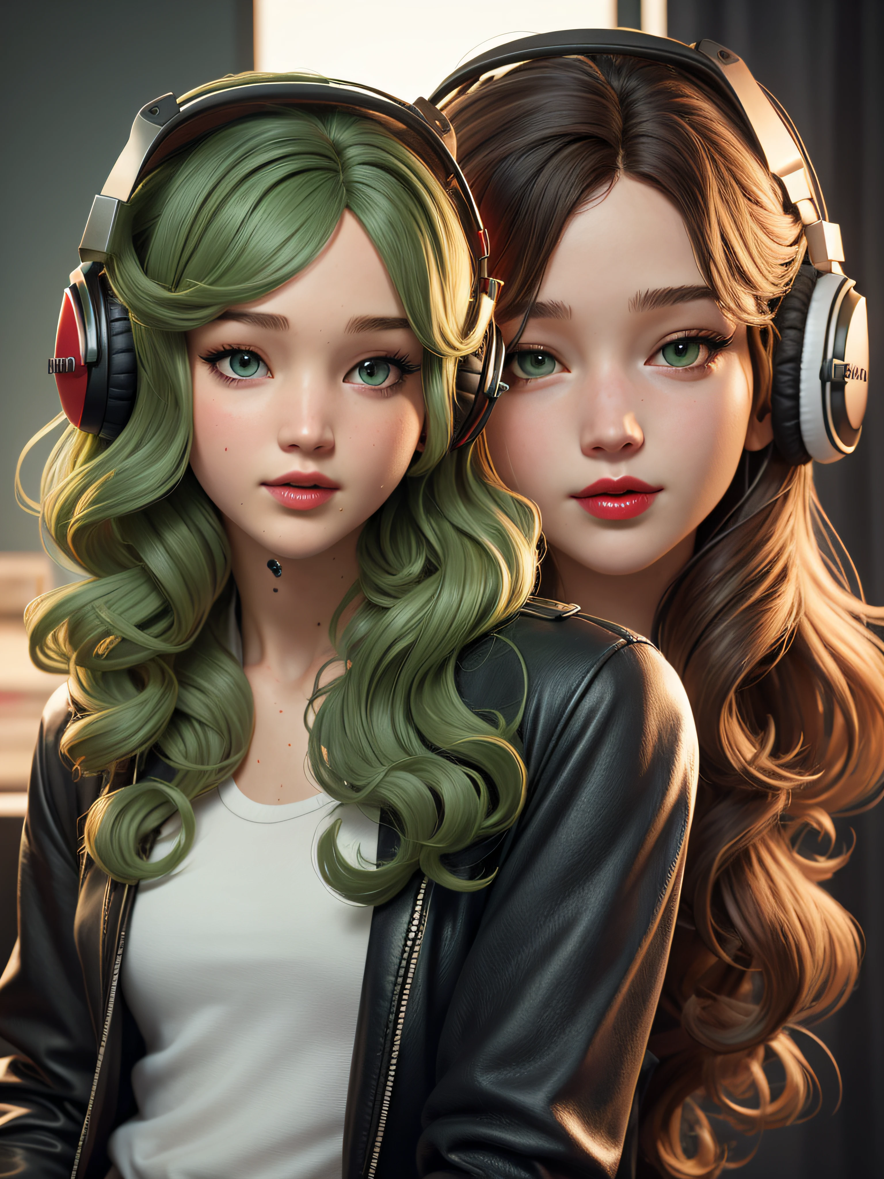 young girl, 16 years (Jennifer Lawrence :1.1) red lips, green eyes, listen to music, headphones, long curly hair, Art by Ray Shark