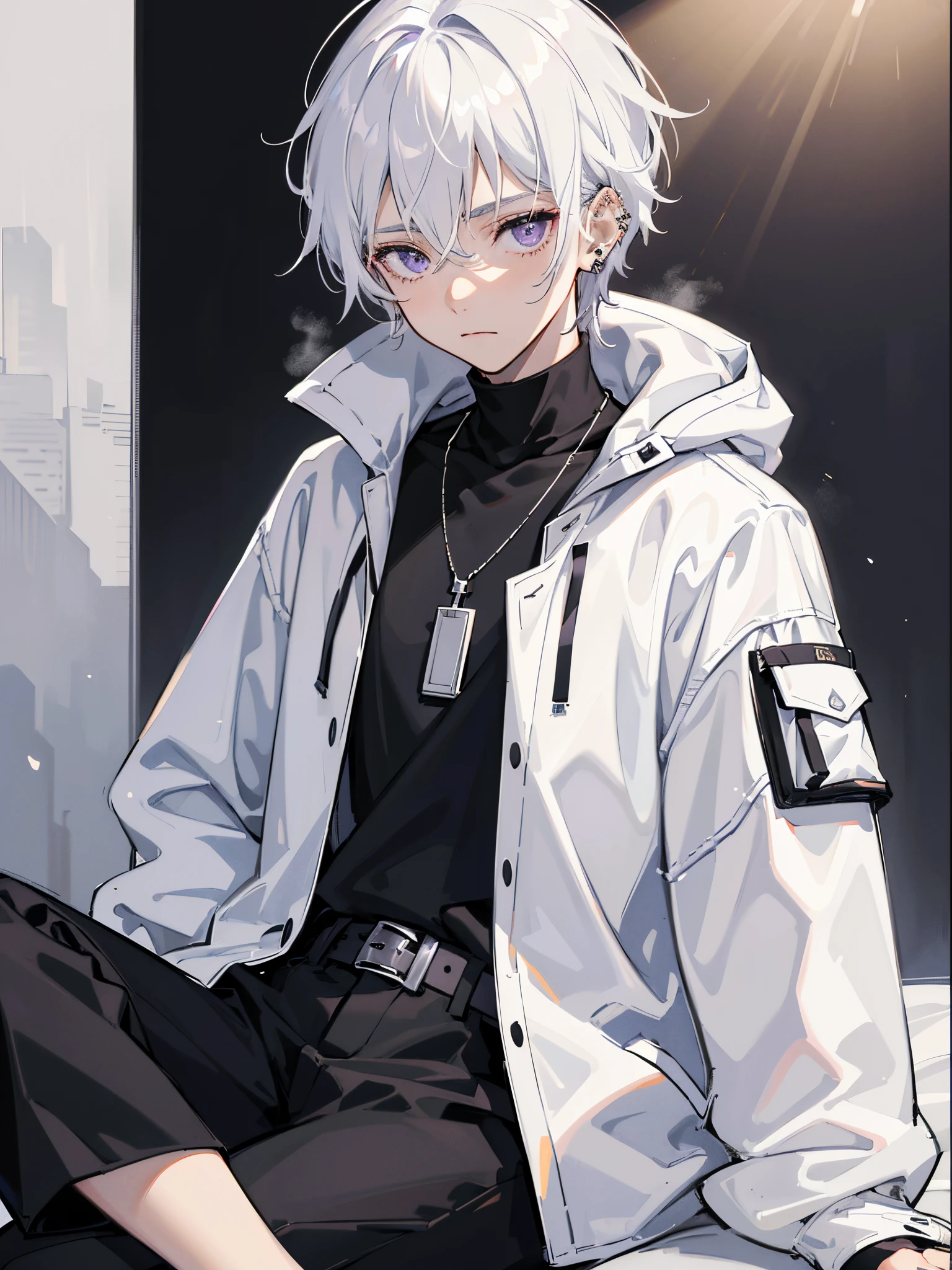 1 boy, medium white hair, dark purple eyes, lazy face, ear piercing, wearing white jacket oversize, music pattern on jacket, wearing black t-shirt, wearing black skinny cargo pants, steel necklace, dark room with light in middle, spotlight, small light, sit, absurdres, high res, ultrasharp, 8K, masterpiece
