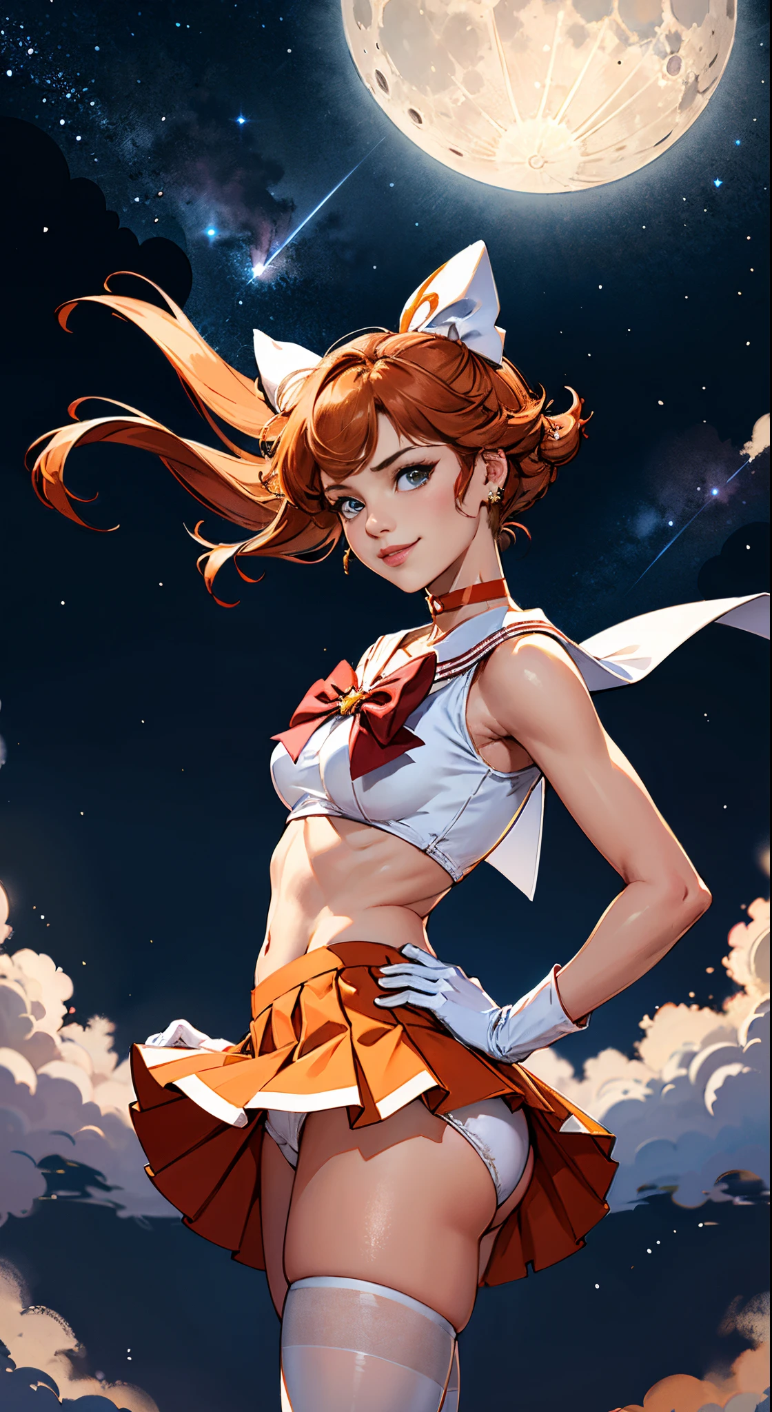masutepiece, sailorvenus、Best Quality, hight resolution, sailorvenus、A sexy、SV1, Sailor Senshi Uniform, Orange skirt, White panties visible from the miniskirt、White shorts visible from the white miniskirt、short view、elbow groves, tiarra, Pleated skirt, Flipping up a miniskirt, White panty、Beautiful pantieeautiful camel toe、Red bow, orangechoker, White Gloves, Jewelry, Starry sky, badass pose, slight smile, Portrait, floating, Moon, Upper body