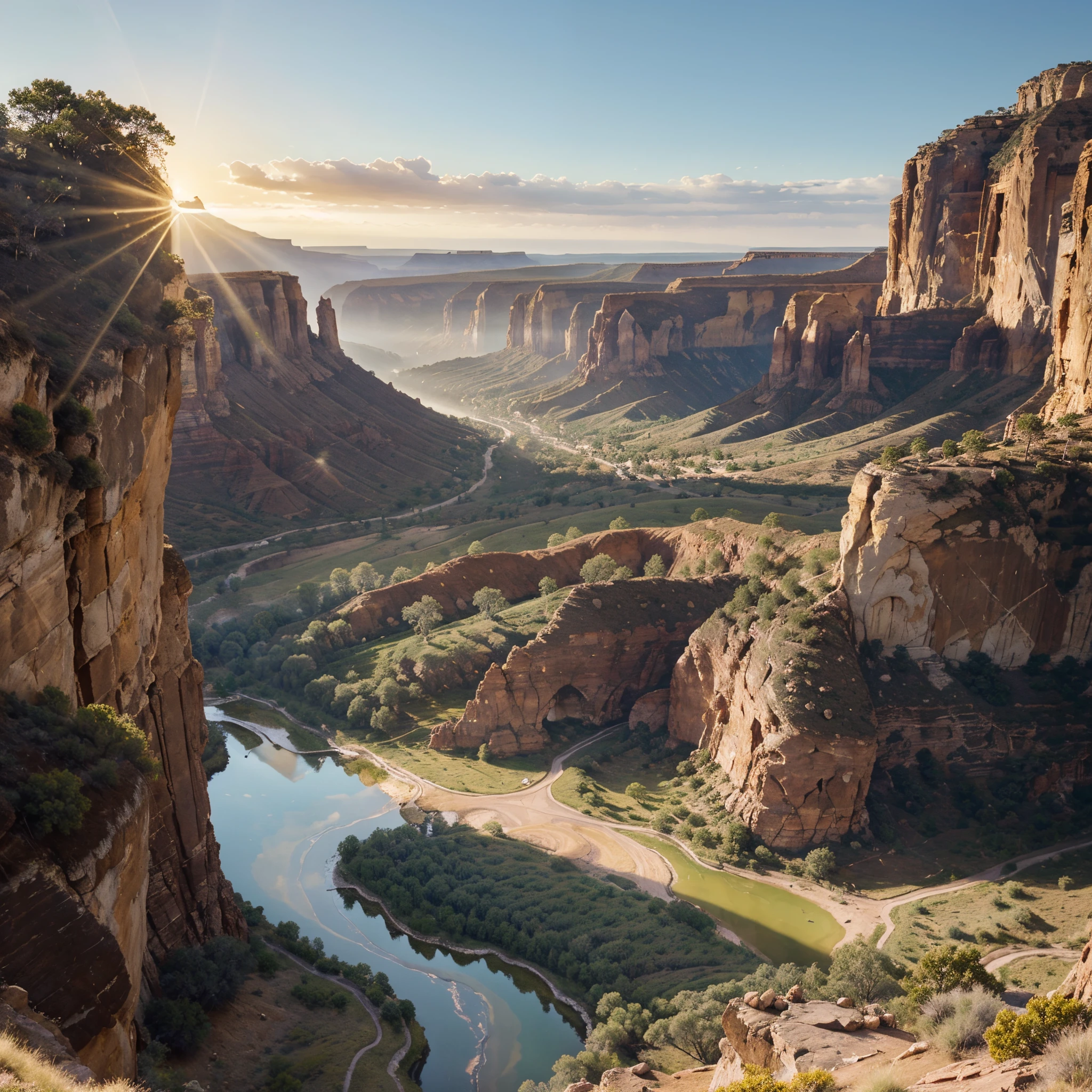 As the sun rises in the canyon, gentle rays of golden light delicately seep through the towering rock formations. The primary subject of this mesmerizing painting is the breathtaking beauty of nature's morning awakening. The artist brilliantly captures the captivating scene in vivid detail, allowing viewers to witness the soft hues playing upon the rugged rocks. The impeccable brushwork and expertly composed composition make this painting a masterpiece, brimming with ethereal splendor.