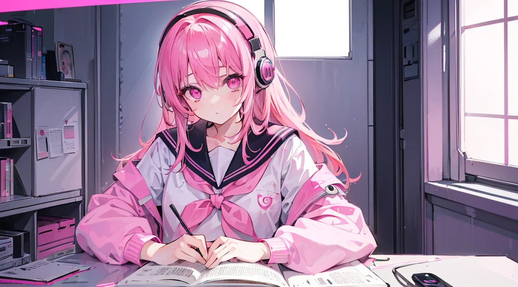 (1 girl, pink hair, pink eyes, sailor suit, headphone, studying), (pink cyberpunk, room with big window, pink neon)