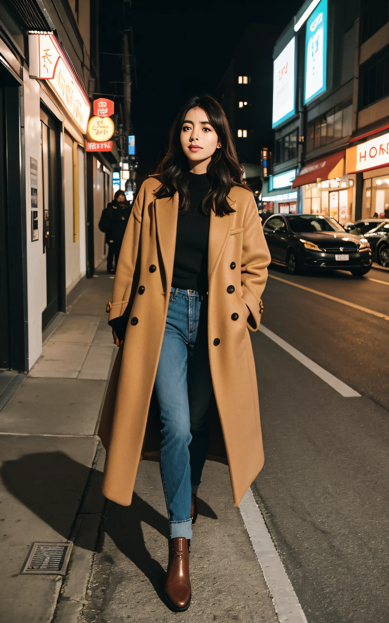 hermosa Japonesa con piel morena, Woman in brown coat standing on city sidewalk with lights, sophisticated young woman wearing a brown leather coat, mujer en una gabardina, Mujer atractiva, Foto de una mujer, Mujer en traje de negocios, Well-lit professional photography, vistiendo una chaqueta extravagante, brown jacket, retrato en plano medio de una hermosa, Retrato de 60 mm, wearing a long coatyellow sweater (tomando cam, muy detallado, 27 year old, Cara inocente, cabello negro largo ondulado natural, High resolution, Obra maestra, La mejor calidad, Detalles intrincados, Altamente detallado, foco nítido, Piel detallada, textura realista de la piel, textura, ojos detallados, profesional, 4k, sonrisa encantadora, tomada con Canon, 85mm, poca profundidad de campo, Kodak Vision Color, Cuerpo de ajuste perfecto, extremadamente detallado, Cinematographer_\(ultra\), Cinematographerrrealista, realista, Post-procesamiento, Maximum detail, aspereza, vida real, ultra realista, Fotorrealismo, Cinematographergrafía, 8k UHD, Cinematographergrafía