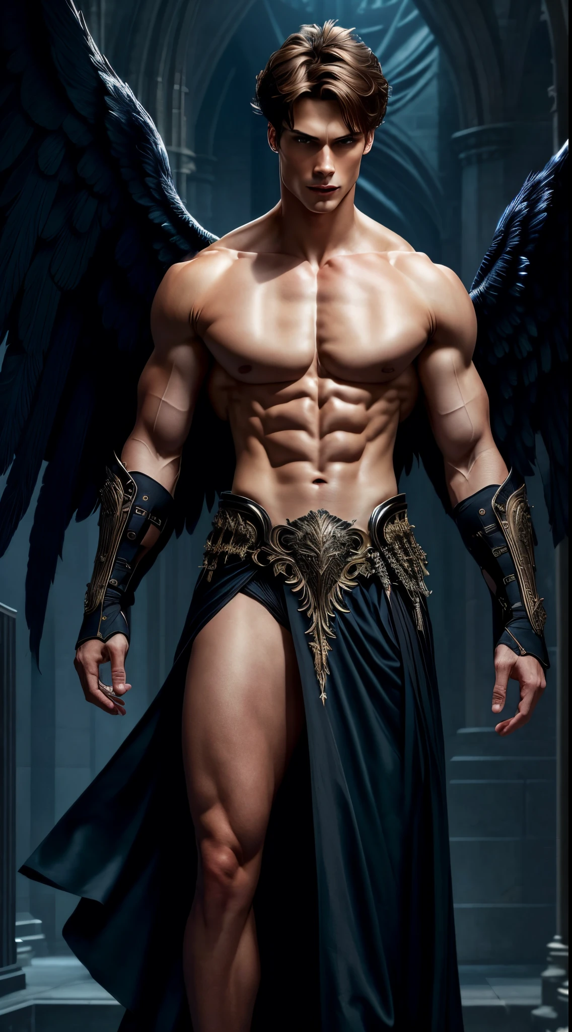 (extremely detailed 8k wallpaper), a medium shot shot of a young male model, masculine features, blue eyes, brown hair, strong jawline, fit body, which tall, full body, prince aesthetic, gothic architecture, shirtless, soft lighting, beauty lighting , huge massive black angel wings,