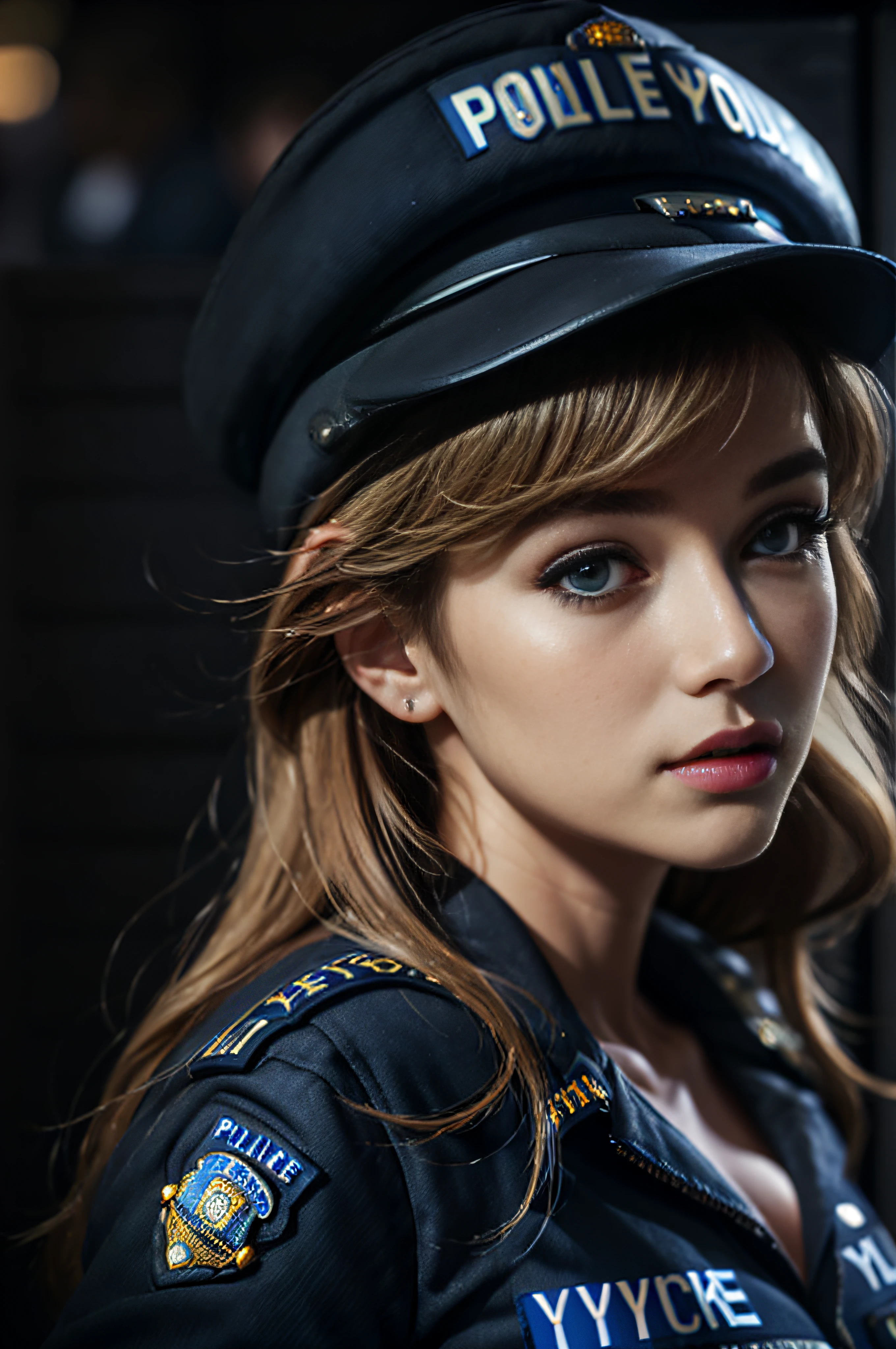 top-quality、hight resolution、ultra-detailliert、​masterpiece、Raw photography:2、realisitic:2、Photorealsitic:2、extremely delicate and beautiful、finely detail、 1womanl、(Super beautiful)、(beauitful face:1.5)、(A detailed face:1.5)、gala k-up、(lip stick:1.1)、(eye line:1.2)、mascara、eyeshadows、glamor、blue eyess、(Blonde and brown hair)、Wavy Hair、asymmetrical bangs、(new york police uniform:1.5)、city street at night、cowboy  shot