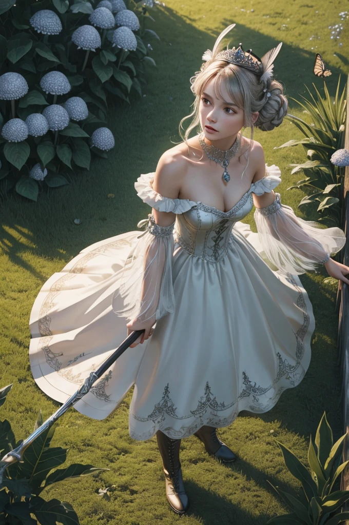 ((extreme detail)),(ultra-detailed),(painting), chiaroscuro, extremely detailed CG unity 8k wallpaper, gwendolyn, hip feathers, holding polearm, strapless dress, crown, detached sleeves, choker, armored thigh boots, feather hair buns, facing forward, looking at viewer, white background, bug, butterfly, grass, hydrangea, leaf, mushroom, nature, plant, apple, looking away, looking up, from above,