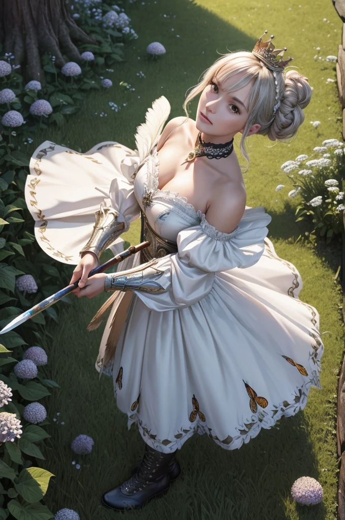 ((extreme detail)),(ultra-detailed),(painting), chiaroscuro, extremely detailed CG unity 8k wallpaper, gwendolyn, hip feathers, holding polearm,  strapless dress, crown, detached sleeves, choker, armored thigh boots, feather hair buns, facing forward, looking at viewer, white background, bug, butterfly, grass, hydrangea, leaf, mushroom, nature, plant, apple, looking away, looking up, from above,