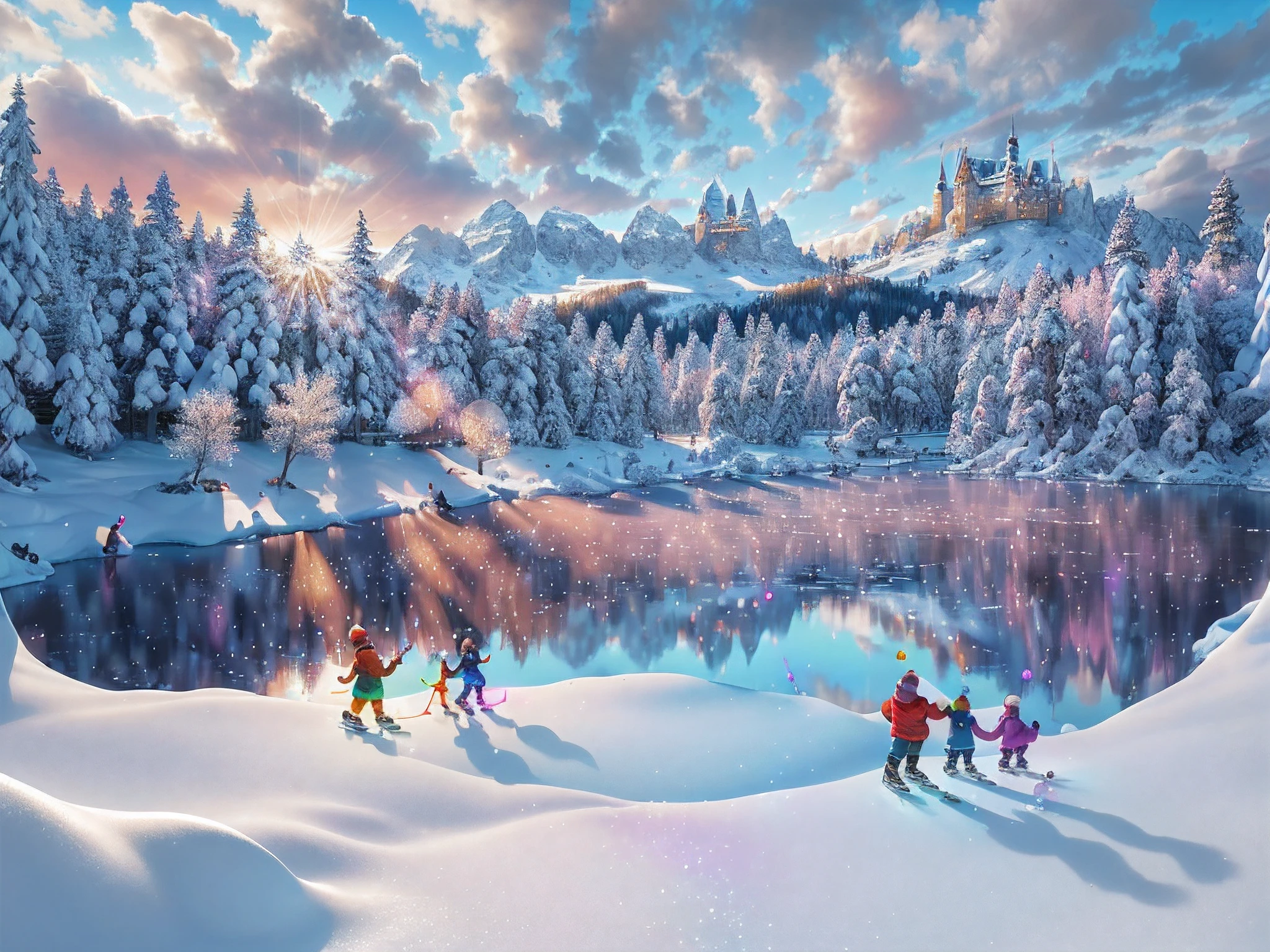 winter wonderland,castle,fun,colorful,(best quality,4k,8k,highres,masterpiece:1.2),ultra-detailed,(realistic,photorealistic,photo-realistic:1.37), and snow,glistening snowflakes,snow-capped trees,sparkling icicles,beautifully carved sculptures,a majestic castle in the distance,snow-covered hills and mountains,a frozen lake with children -skating,intricate patterns in the ,rays of sunlight breaking through the clouds, vibrant and bright colors,pinks, blues, purples, and whites,playful snowball fights and laughter,children building a snowman with carrot noses and scarves