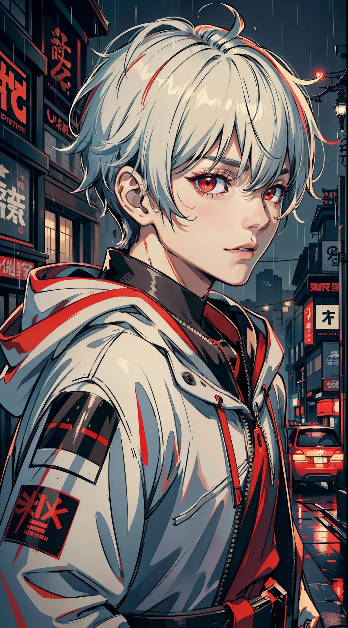 kk, best quality, more details, masterpiece, 1 boy, kaneki ken, portrait, male focus, red eyes, solo, bangs, look at viewer, hood, short hair, rain, tokyo tokyo \(city\), hood, nail polish, black hair, luxurious, 8k, detailed, ray tracing, depth of field, cinematic lighting,