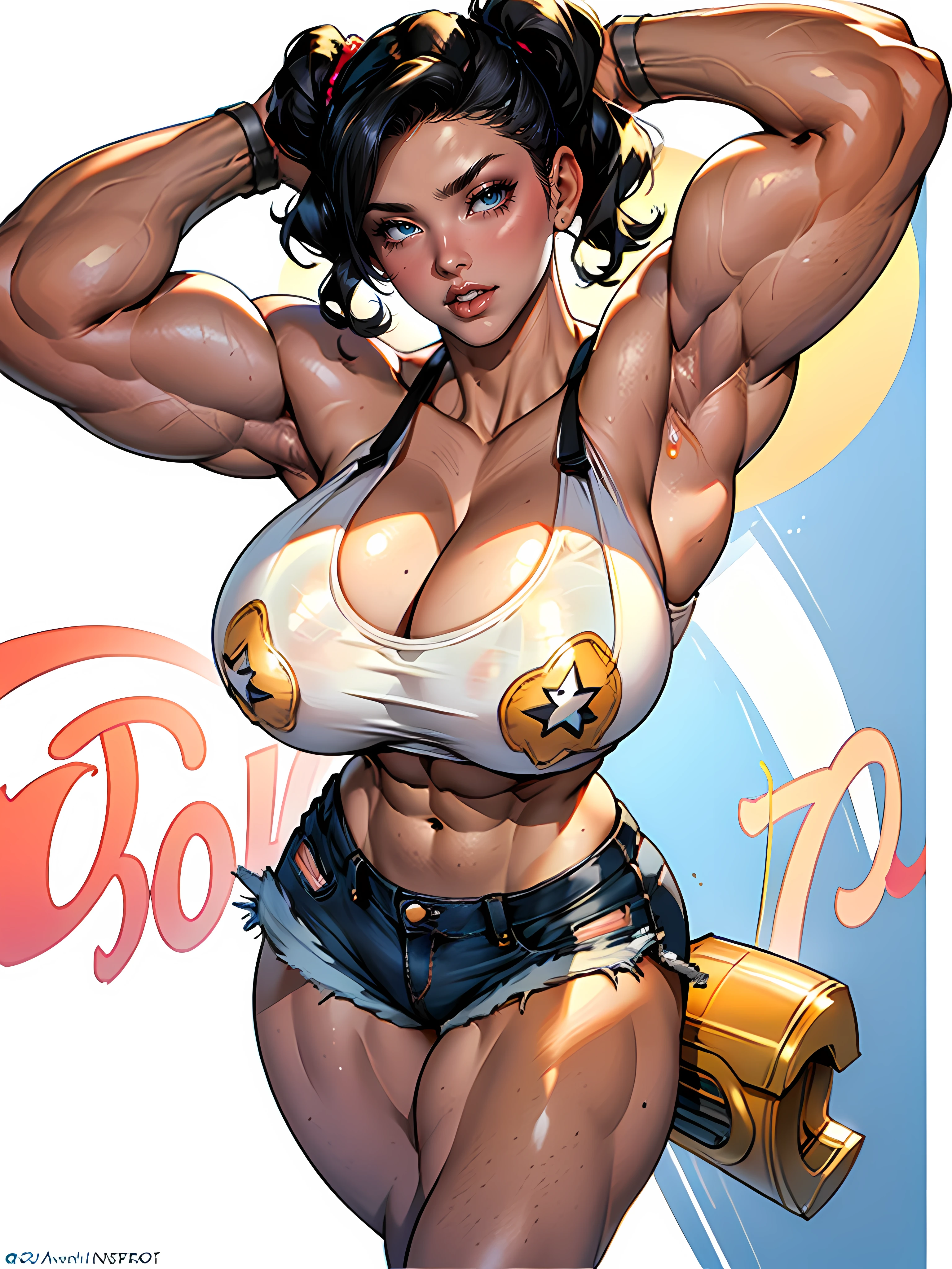 (high quality, best rendering), (beautiful girl), black hair,(bombshell, pin-up style), ((((huge muscles)))), crazy face, sexy pose, jean short shorts, tank top, ((huge breasts)), pastel, centered, scale to fit dimensions, micro thong, micro bikini, camel toe