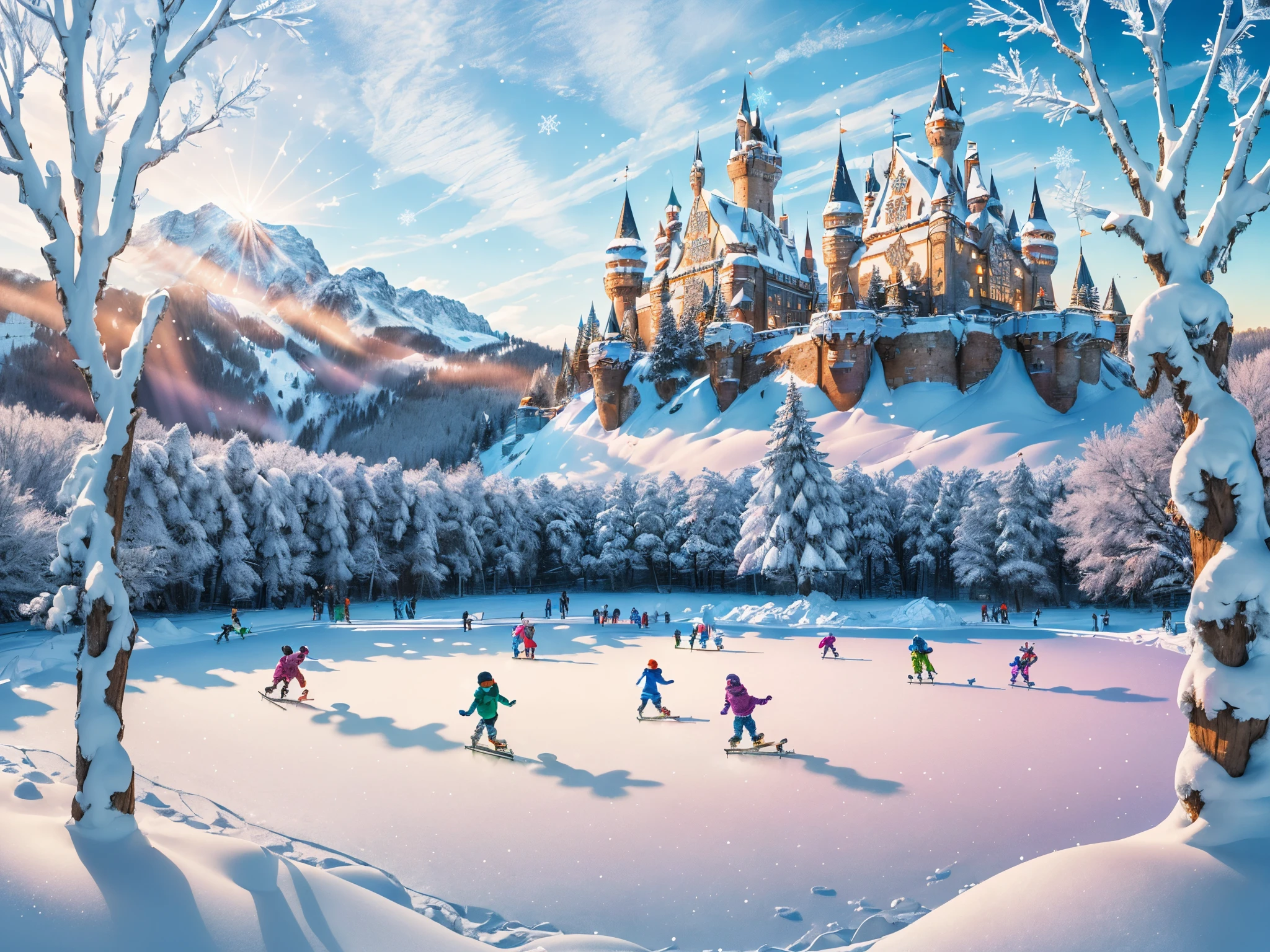winter wonderland, (((big castle:1.2))),fun,colorful,(best quality,4k,8k,highres,masterpiece:1.2),ultra-detailed,(realistic,photorealistic,photo-realistic:1.37), and snow,glistening snowflakes,snow-capped trees,sparkling icicles,beautifully carved sculptures,a majestic castle in the distance,snow-covered hills and mountains,a frozen lake with children -skating,intricate patterns in the ,rays of sunlight breaking through the clouds, vibrant and bright colors,pinks, blues, purples, and whites,playful snowball fights and laughter,children building a snowman with carrot noses and scarves