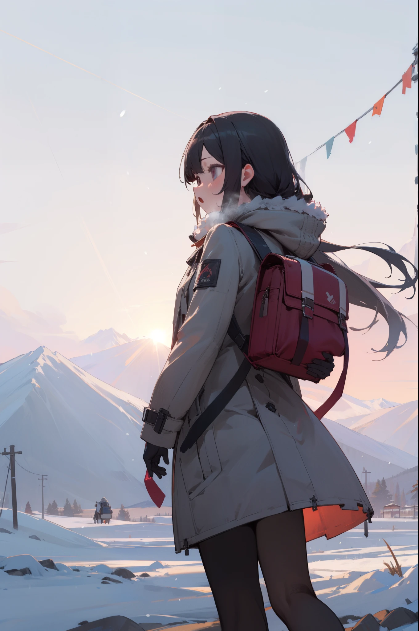 (outdoor, snow mountain, snow:1.2, sunlight, beautiful sky), 1girl, winter coat, black tights, backpack, cold breath, looking afar, from behind, (:o), masterpiece, best quality, 8k, perfect 