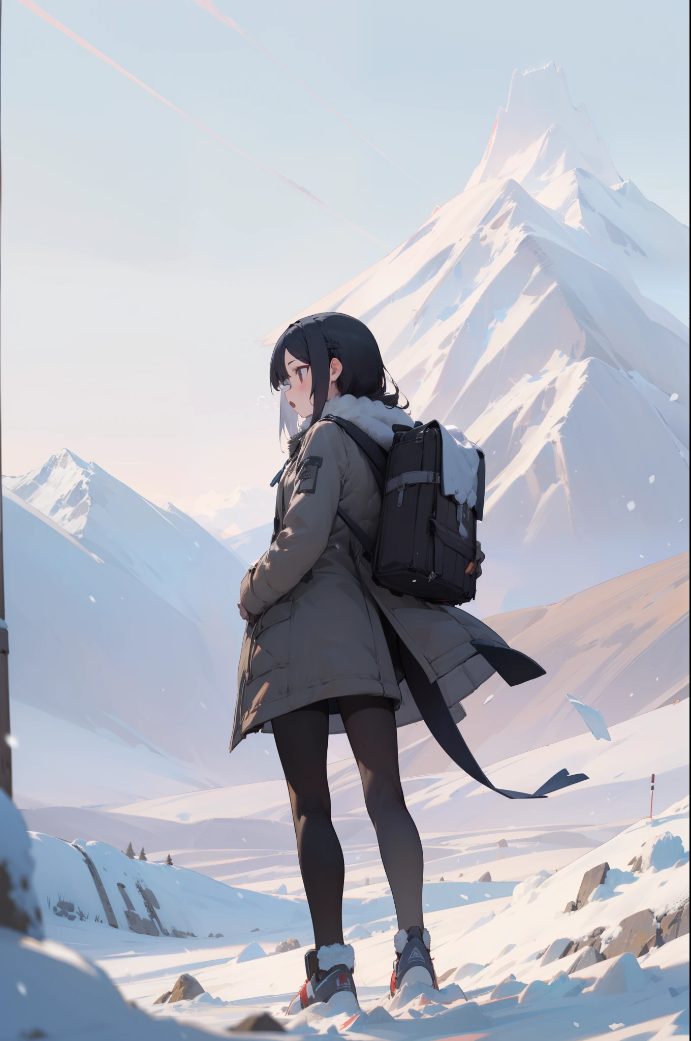 (outdoor, snow mountain, snow:1.2, sunlight, beautiful sky), 1girl, winter coat, black tights, backpack, cold breath, looking afar, from behind, (:o), masterpiece, best quality, 8k, perfect 