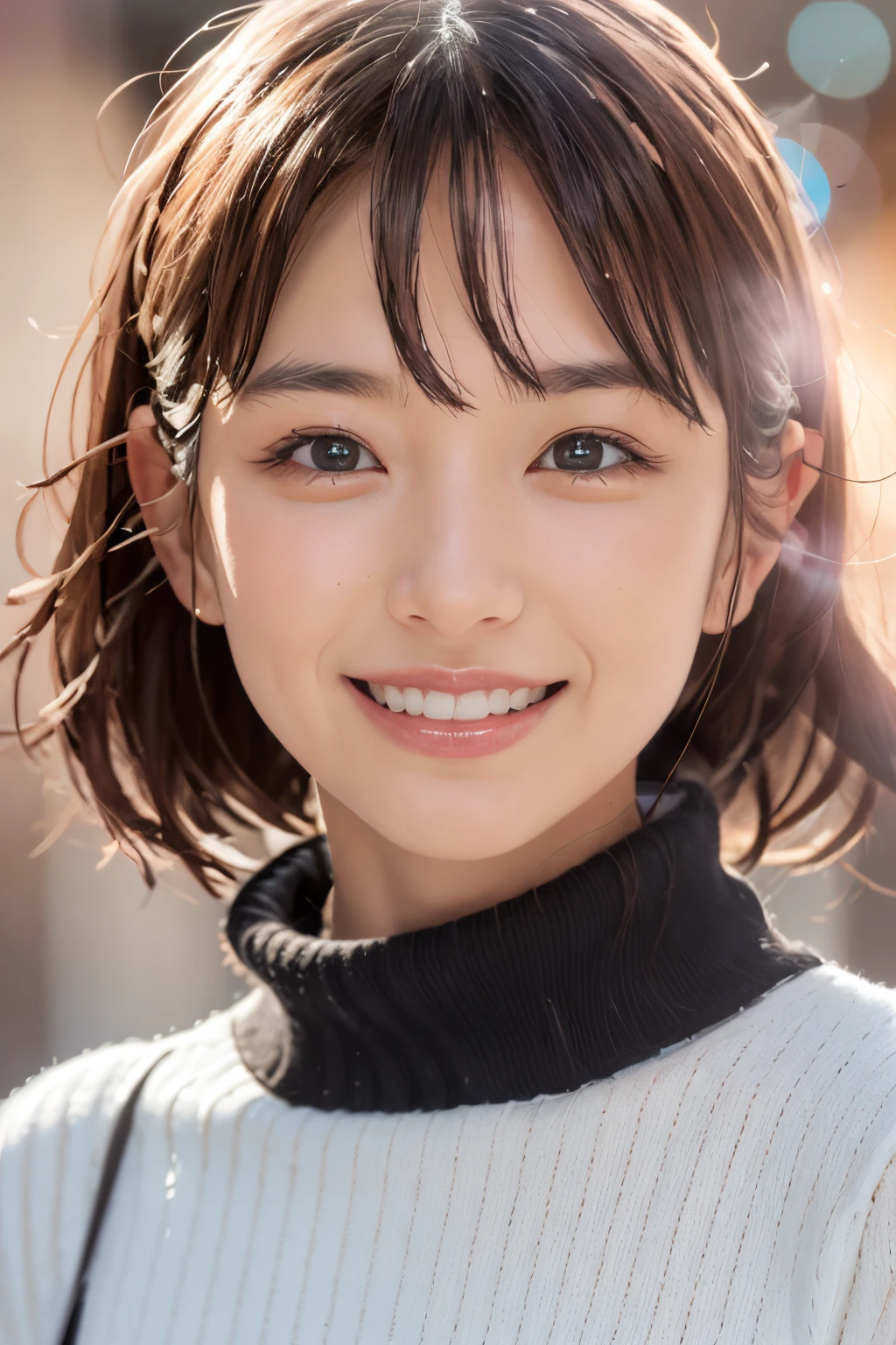 (masutepiece, Best Quality, Looking at Viewer:1.4), close up, Raw photo, absurderes, 8K, 85 mm, Sophisticated, White turtleneck sweater, (Smile:0.2)、wavey hair、