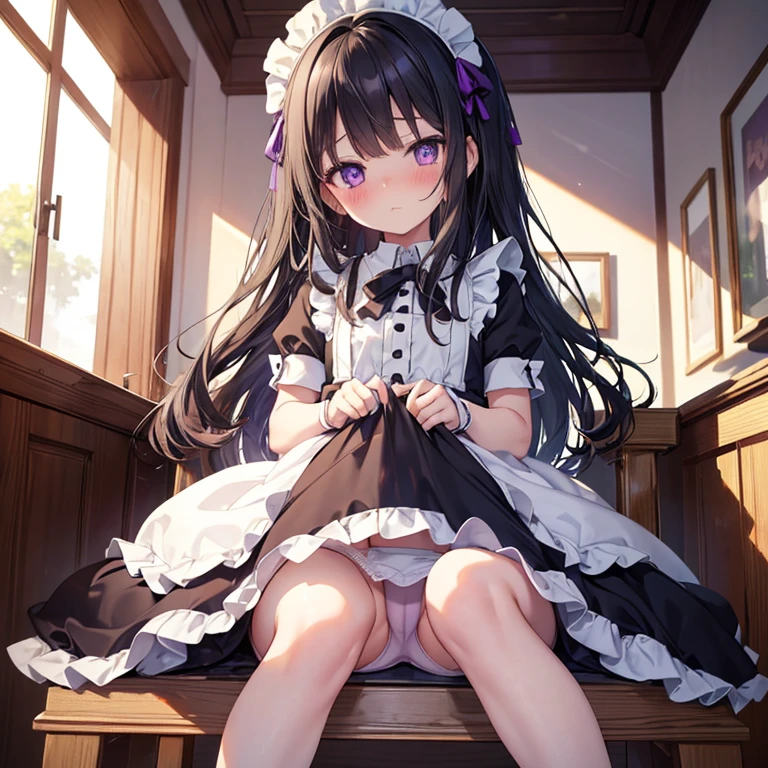 high quality, detailed, in cafe, 1girl, , infant, 8 ye panty, bare pussy, maid, flat, black hair, long hair, beautiful eyes, purple eyes, blush, embarrassed, sitting on table, upskirt, close up of pussy, from below