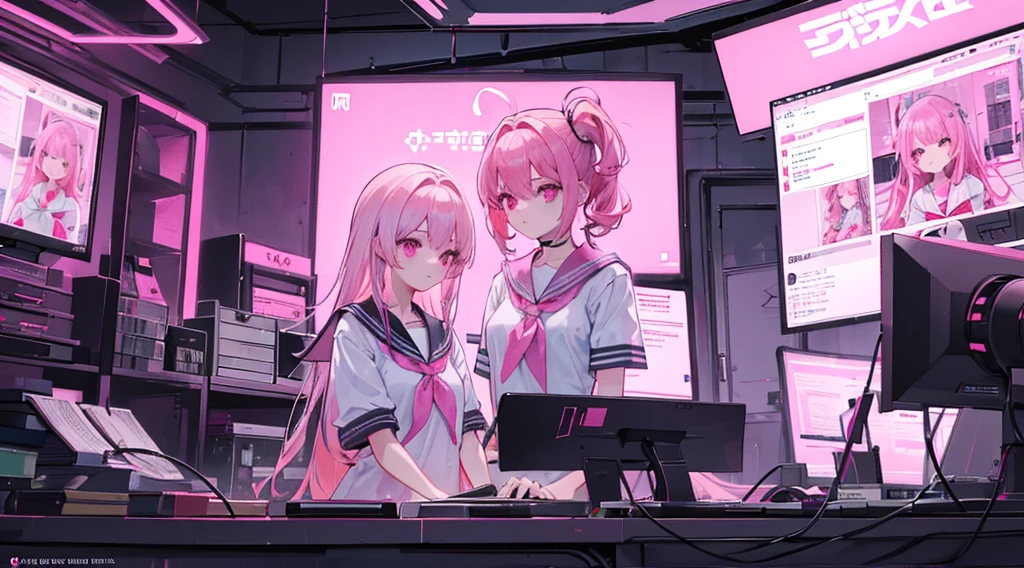 (2 girls, pink hair, pink eyes, sailor suit, looking at documents), (pink cyberpunk facility, room with many monitors, pink neon)