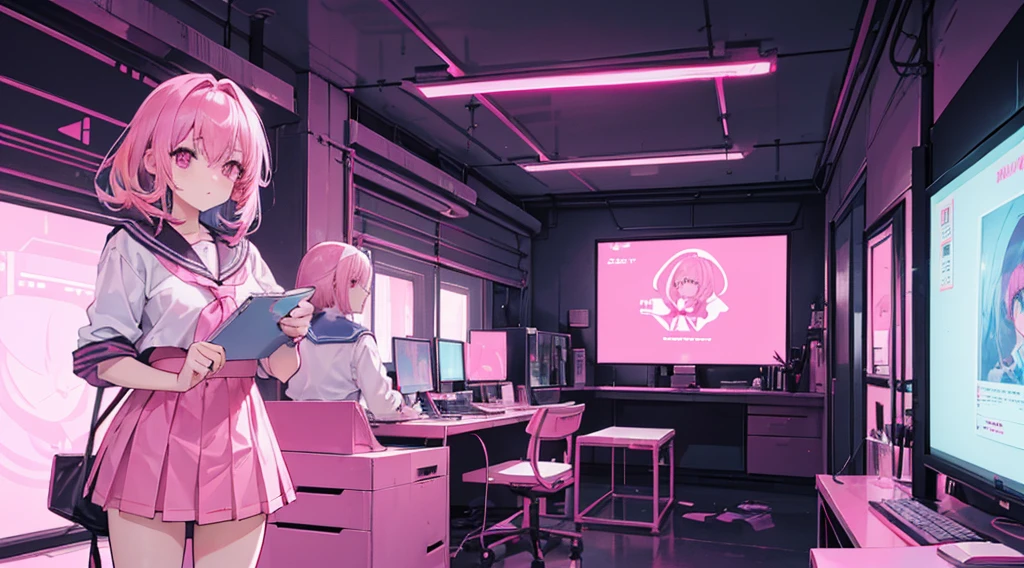 (2 girls, pink hair, pink eyes, sailor suit, looking at documents), (pink cyberpunk facility, room with many monitors, pink neon)