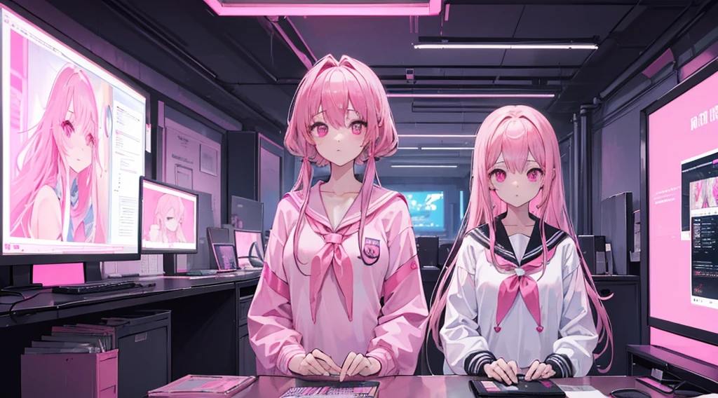 (2 girls, pink hair, pink eyes, sailor suit, looking at documents), (pink cyberpunk facility, room with many monitors, pink neon)