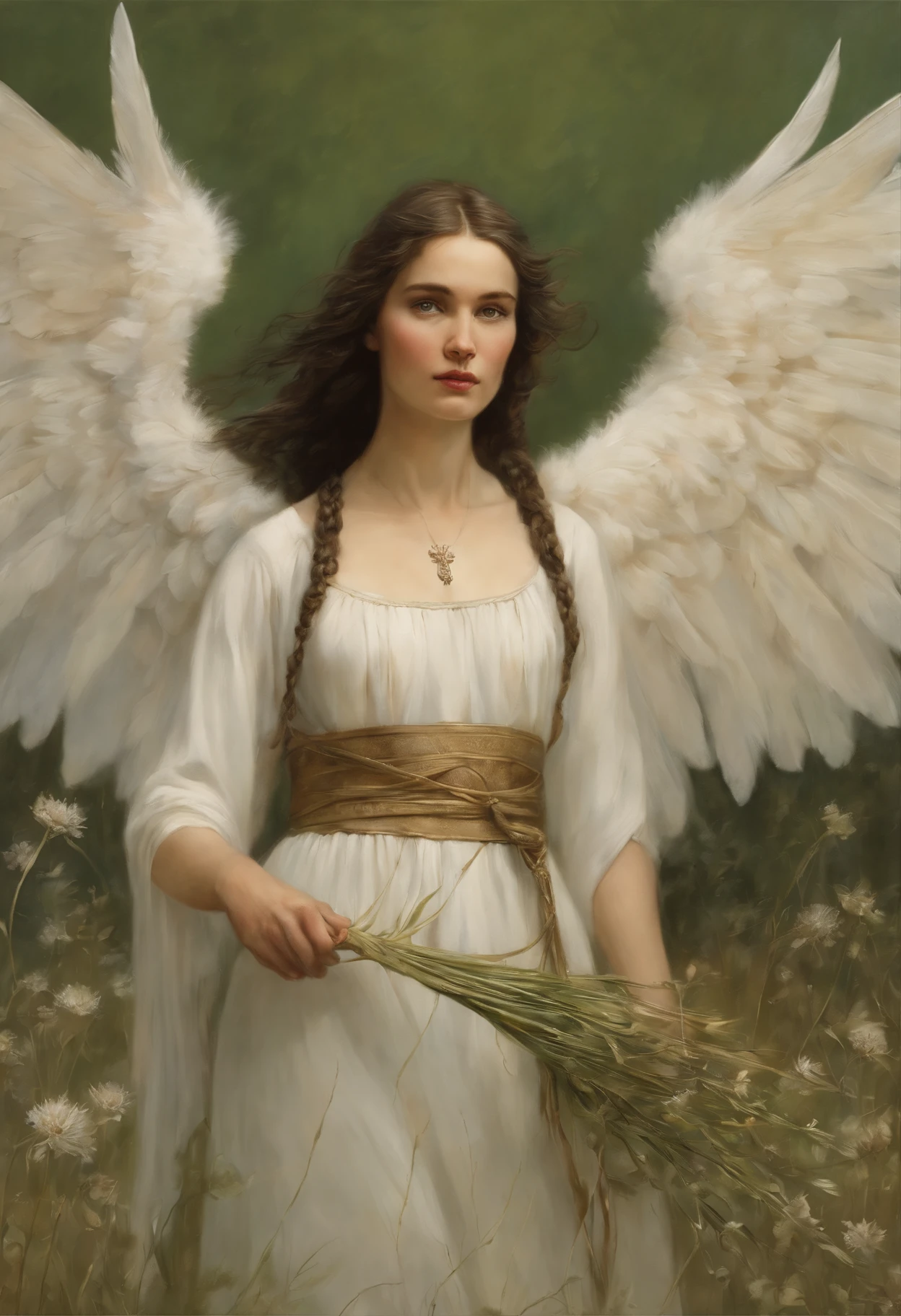 真实感, dark fantasy style, John Tolkien style, Small painting by Jean-Baptiste Monge, portraite of a, looks from the front, Soft facial features, an angel girl stands in the center of a cornflower field, ,Human Hand, Very clear without flaws with five fingers ,Bright make-up, Average height, dark pink lips, thin lip shape ,"Cool eyebrows in the shape of Angryburts, dark brown eyes, green colored eyes, drooping eye shape, drooping corner of the eye, looking at away, black hair, hair braided in a long thick tight braid, classic braid, hairstyle with classic braid, duck nose shape slightly snub, in the hands of the sword of the heavenly warrior, Human Hand, Very clear without flaws with five fingers ,in the form of a Valkyrie, Carol Buck style, behind his back are huge open angel wings, Sword in hand,Slightly naked, Priestesses, dressed in white and gold clothes, holy golden armor, Celestial Queen, stands in the center of a field of cornflowers, Jean-Baptiste Monge, anthropomorphic --ar 2:3 --testp -optimistic;