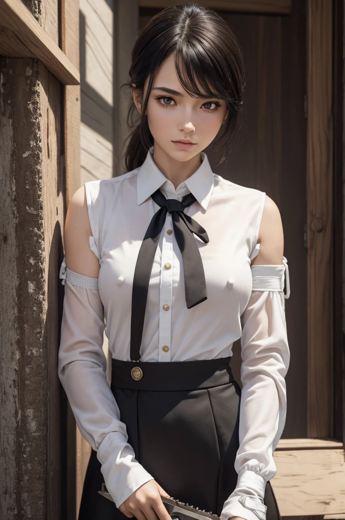 ((masterpiece, best quality)), (1girl), (solo), (female focus), yoru (chainsaw man),(very detailed face, real image, realistic white skin, realistic body, intricate details), upper body, serious , brown eyes, looking at the viewer, bandages over the body, black hair, far sleeve shirt, pinaforee dress, black necktie, bandages, bandages, small breasts