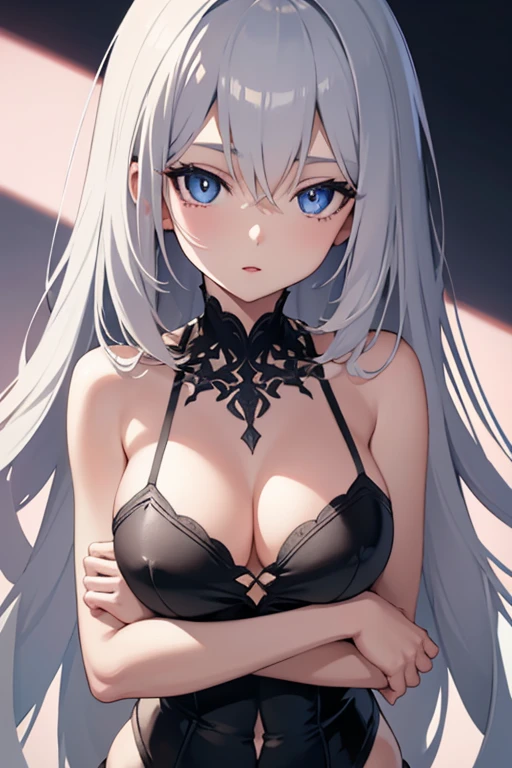 1girl, anime, cute girl, blank background, white background, fantasy, detailed dark fantasy dress with highlights, beautiful face, beautiful eyes, dark colors, silver hair, medium breasts, slight cleavage, beautiful skin, cute, breast curtains, extremely delicate and beautiful, (beautiful detailed face:1.0), (detailed deep eyes), symmetrical breasts, deep eyes, shiny skin, portrait, slender waist, hips wider than shoulders, thighs, young girl, expressionless
