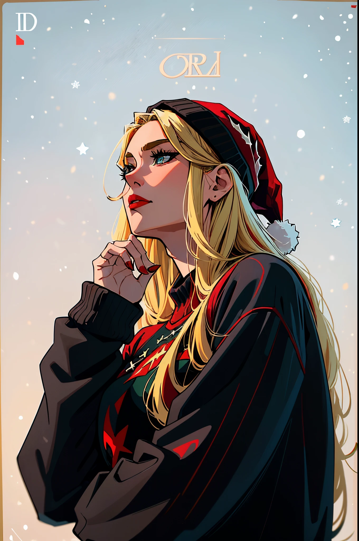 arafed woman with long hair and a black sweatshirt looks off into the distance,((young people:1.5)), ((Beautiful Hardcore Illustration homepage illustration style:1.2)),dark,((Red Christmas Hat:1.5)), high resolution, ((hard touch illustration:1.2, strong outline,Christmas style, Christmas fashion, 8k, ((American comic style:1.2)), colorful background, Hiroyuki Nagasaka, aggressive, beautiful face, cool beauty,beauty style, red color, battle, Hard illustration, blond colored hair, backwards,