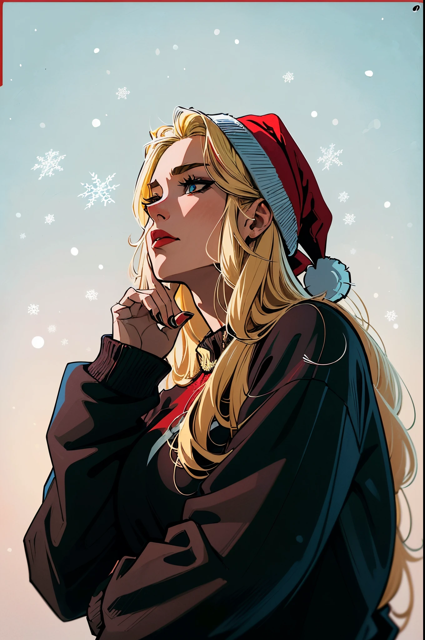 arafed woman with long hair and a black sweatshirt looks off into the distance,((young people:1.5)), ((Beautiful Hardcore Illustration homepage illustration style:1.2)),dark,((Red Christmas Hat:1.5)), high resolution, ((hard touch illustration:1.2, strong outline,Christmas style, Christmas fashion, 8k, ((American comic style:1.2)), colorful background, Hiroyuki Nagasaka, aggressive, beautiful face, cool beauty,beauty style, red color, battle, Hard illustration, blond colored hair, backwards,