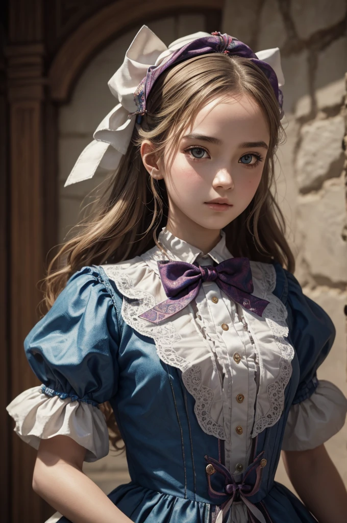 1girl, masterpiece, best quality, 8k, detailed skin texture, detailed cloth texture, beautiful detailed face, intricate details, ultra detailed, Alice in Wonderland, (a bow on her head:1.1), upper body