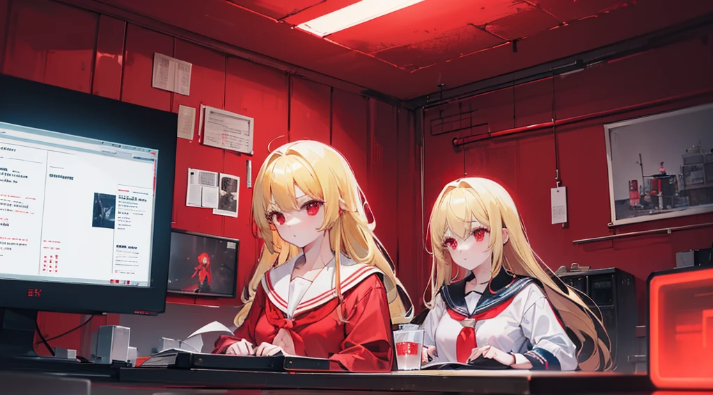 (2 girls, blonde hair, red eyes, sailor suit, looking at documents), (red cyberpunk facility, room with many monitors, red neon)