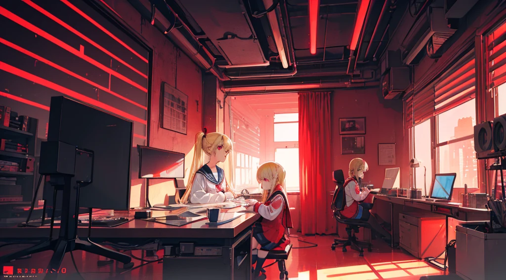 (2 girls, blonde hair, red eyes, sailor suit, looking at documents), (red cyberpunk facility, room with many monitors, red neon)