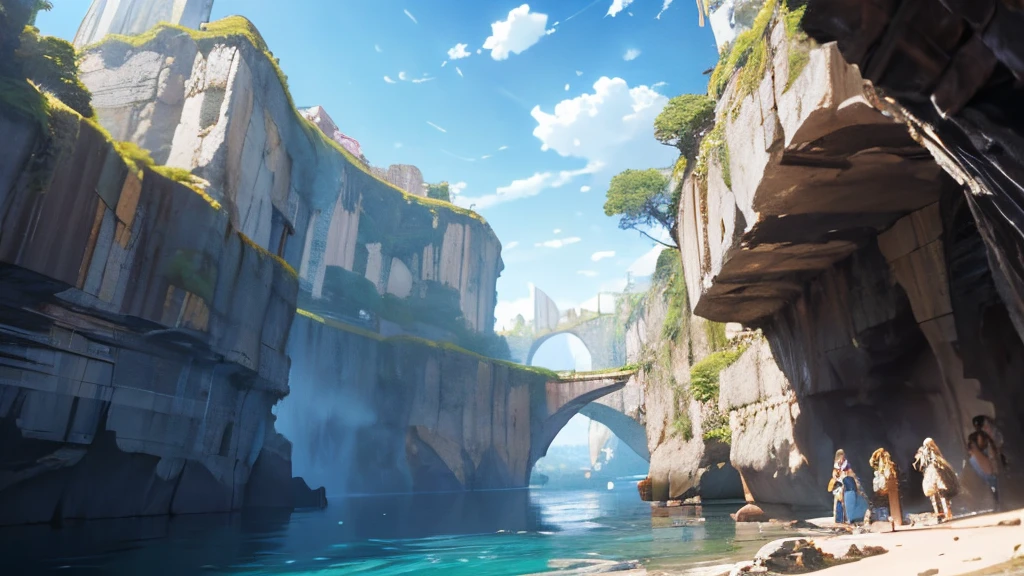 (masutepiece:1.2, Best Quality), caves, Rocky cliffs, Ruins, Sunnyday, square head cyborg, Three men, sad, Vibrant colors, 发光, low angles, Wide Angle,