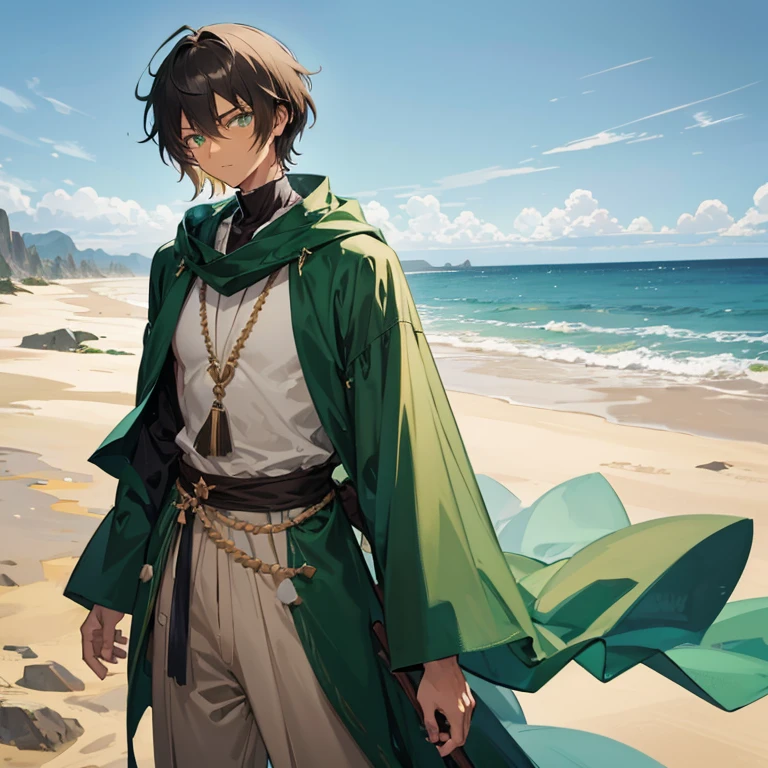 Anime tall man, masculine man, one person, cold look, calm, deep green eyes, dark skin, loose and flowing clothes, muscular build, shaggy brown hair, dessert, sand, sand dunes, traditional clothes, layered clothes, sand blowing, dry, sand mask over mouth, green clothes, short hair, no water, dynamic pose, colorful, bright, interesting