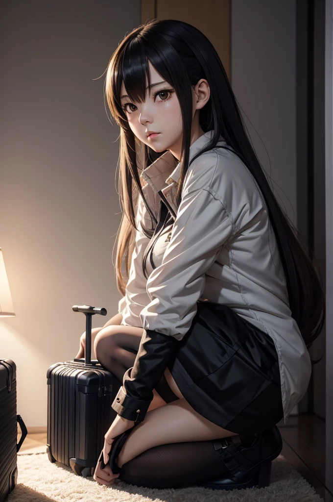 anime girl sitting on a bed with a suitcase in the background, the anime girl is crouching, female protagonist 👀 :8, beautiful anime girl squatting, from girls frontline, seductive anime girl, female anime character, anime. soft lighting, 4k anime wallpaper, guweiz on pixiv artstation, badass anime 8 k, rin
