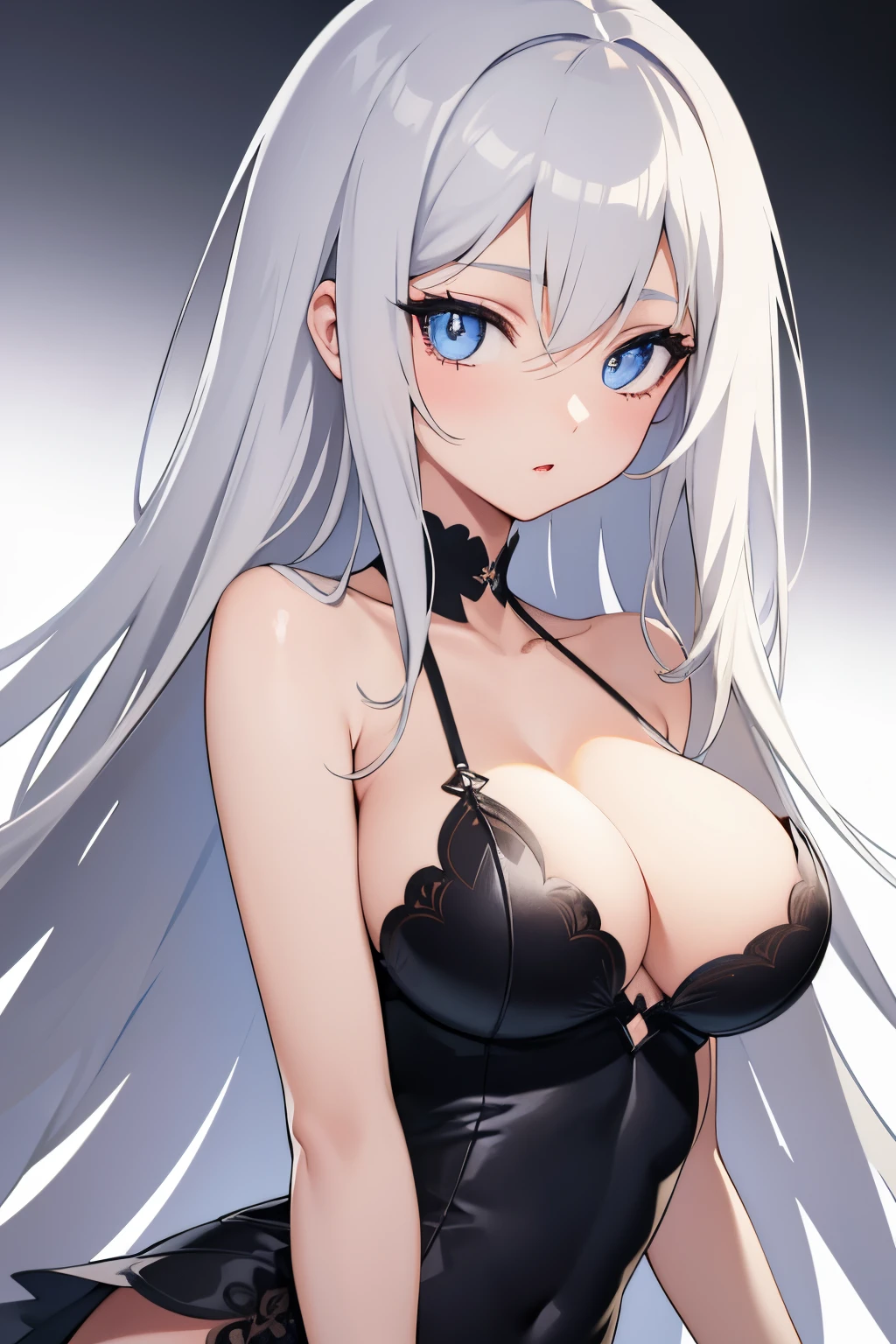 1girl, anime, cute girl, blank background, white background, fantasy, detailed dark fantasy dress with highlights, beautiful face, beautiful eyes, dark colors, silver hair, medium breasts, slight cleavage, beautiful skin, cute, breast curtains, extremely delicate and beautiful, (beautiful detailed face:1.0), (detailed deep eyes), symmetrical breasts, deep eyes, shiny skin, portrait, slender waist, hips wider than shoulders, thighs, young girl, expressionless