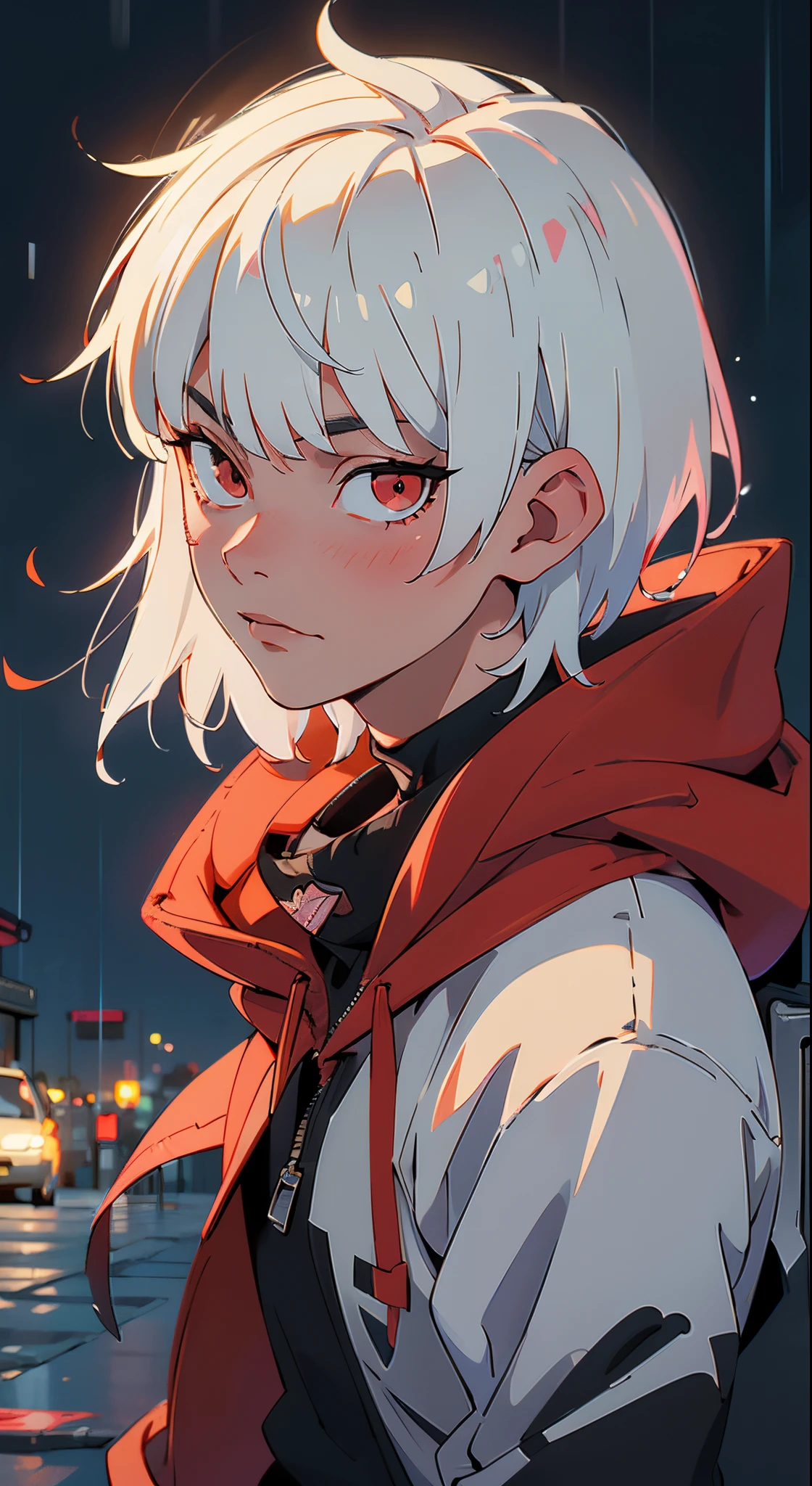 kk, best quality, more details, masterpiece, 1boy, kaneki ken, portrait, male focus, red eyes, solo, bangs, looking at viewer, hood, short hair, rain, tokyo tokyo \(city\), hood up, nail polish, white hair, luxurious, 8k, detailed, ray tracing, depth of field, cinematic lighting,
