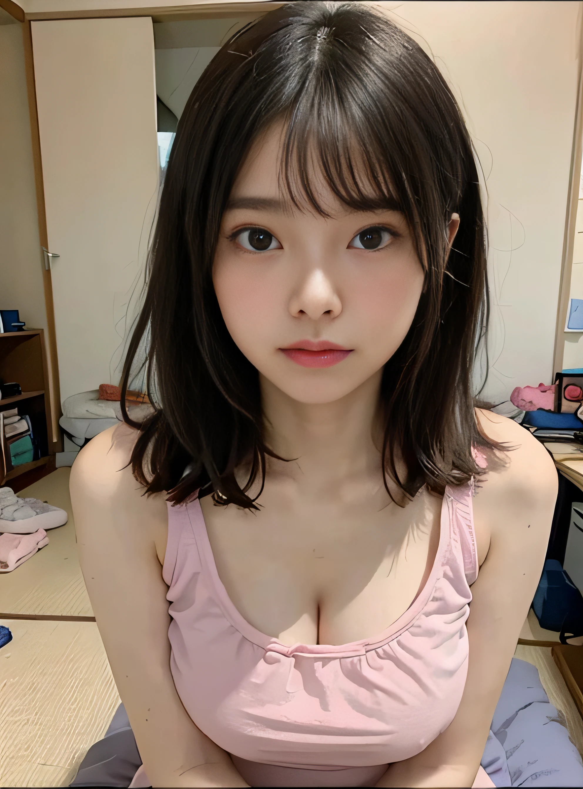 student、Lori、childish、Colossal tits、Colossal breasts on the verge of bursting、Camisole、Dirty room、Messy room、Filthy room、Dirty Japanese-style room、traditional Japanese room、Tatami mats、Spoiled face