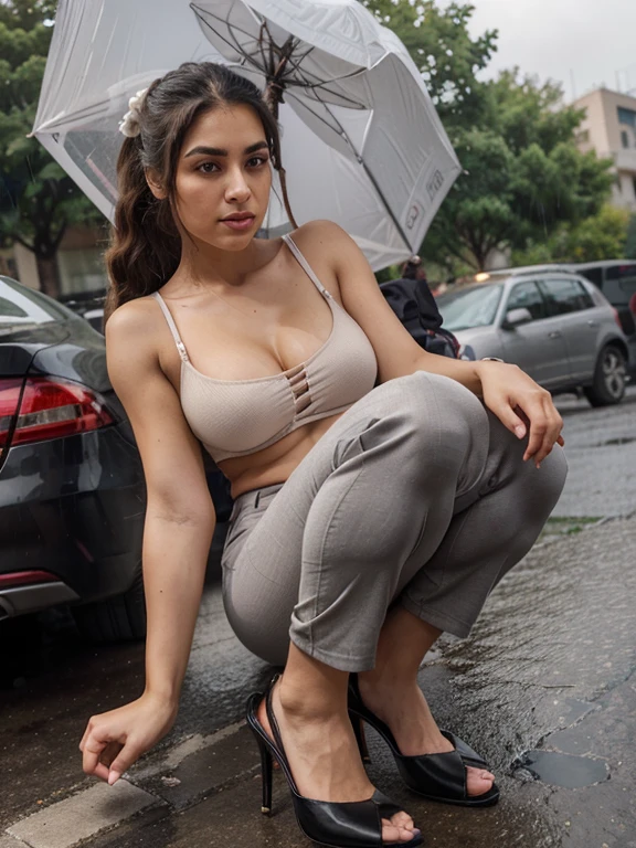 Imagine A girl, Named fatemeh, 25 years and 7 months and 21 days old/ mixture of Phoenician, Greek, Armenian, and Arab/almond eyes, brown eyes, mesh hair,thick hair, ponytail/ bow-shaped lips, uptruned Nose, square jawline, narrow forehead, Protruding chin, high-arch eyebrows, black eyebrows , thick eyebrows/168 centimeters height, 61 kilograms weight,tanned body/ small mole on left eyebrow، small mole on the corner of the lower left lip, straight white blond wavy hair،A small amount of acne on the cheek، Cheek dimple, chin dimple/ buisness woman , grey suits and pants, expensive highheels shoes/ dark preset/ crowded mountain park, rainy day, cold, umbrella, Wrist black watch،rose flower tattoo under wrist watch,black bag,/ Outdoor, Show entire body, feet in view, aerial view, ,extremely low angle shot, full body, ray tracing, HDR/ detailed eyes, detailed face, detailed anatomy, detailed hands, detailed legs, detailed feets, detailed body,