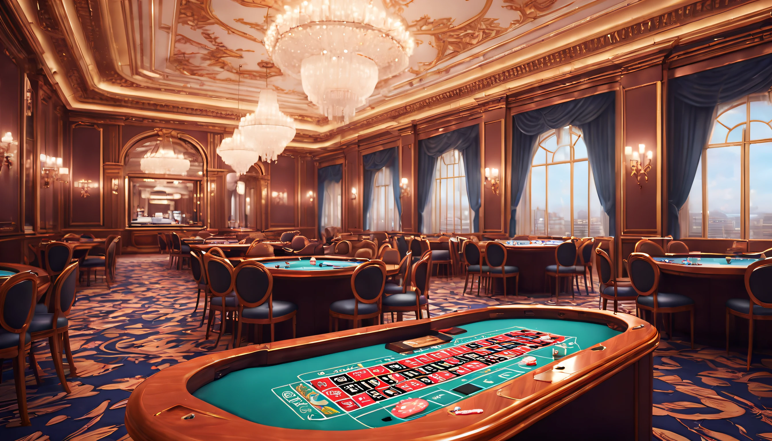 (Best Quality,8K,high resolucion;,Masterpiece:1.2),Ultra-detailed,(realisitic,Photorealistic,Realistis:1.37),Casino Background, elaborate,Excessive color,highly detaild, Luxurious environment, roulette