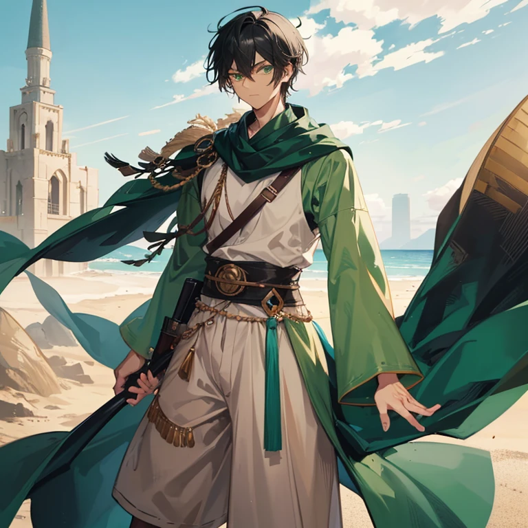 Anime tall man, masculine man, one person, cold look, calm, deep green eyes, dark skin, loose and flowing clothes, muscular build, dessert, sand, sand dunes, traditional clothes, layered clothes, sand blowing, dry, sand mask over mouth, green clothes, short hair, no water, dynamic pose, colorful, bright, interesting, dark skin, black hair, sharp features, masculine face