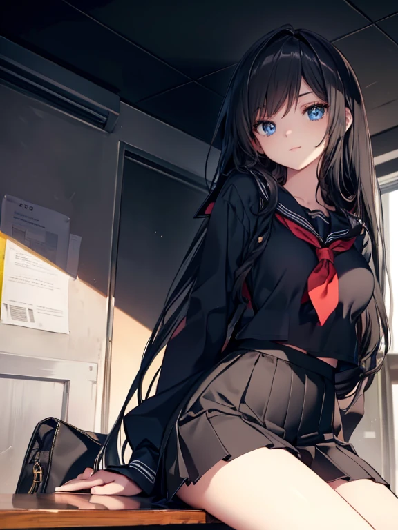 (ultra-detailed:1.3, master piece, best quality, high resolution)Black pleated skirt, navel, beautiful white skin, arms behind back, school bag