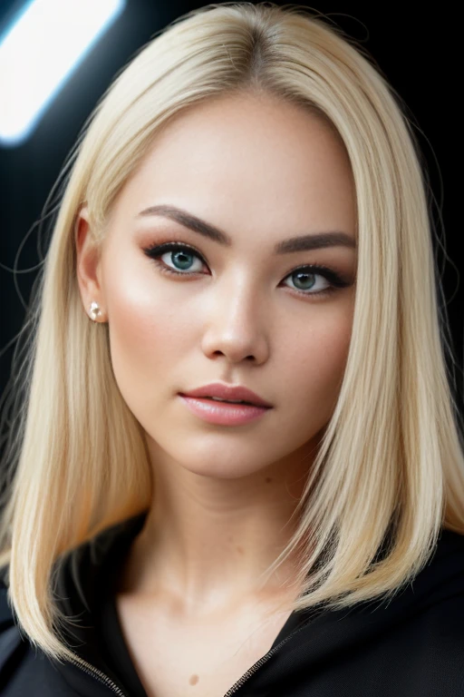 blonde woman, Young, ((common face)), A Living Face, Filipino, detailed alluring eyes, in a black sweatshirt, ((Detailed facial featureinely detailed skin), pale skin, realistic skin texture, extreme skin details, (pores:0.1), masterpiece best quality, Photorealistic, A hyper-realistic, Detailed, 8K, HDR, (soft colour: 1.2), Shallow depth of field, broad light, High contrast, Backlighting, light sparkles, chromatic aberration, sharp-focus, RAW color photo