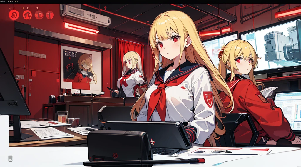 (2 girls, blonde hair, red eyes, sailor suit, looking at documents), (red cyberpunk facility, room with many monitors, red neon)
