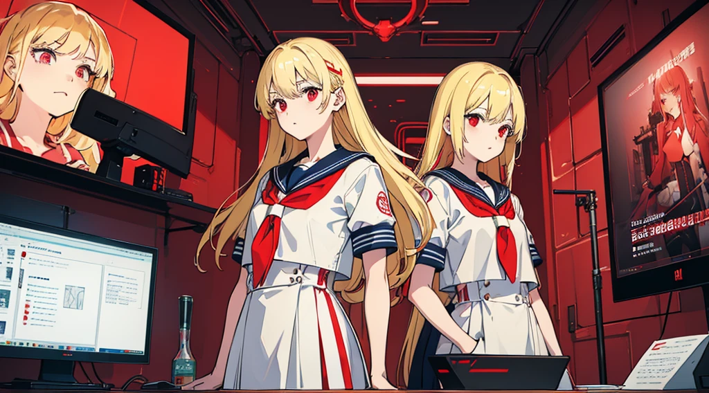 (2 girls, blonde hair, red eyes, sailor suit, looking at documents), (red cyberpunk facility, room with many monitors, red neon)