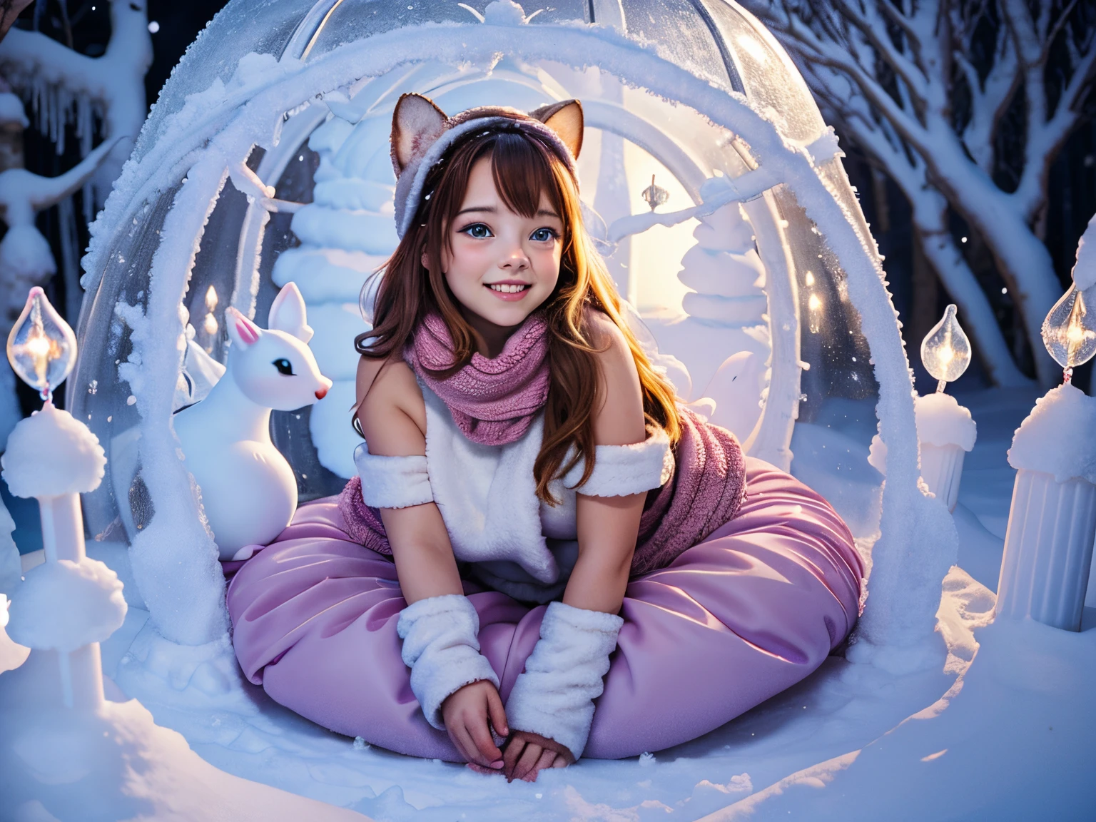 (best quality,4k,8k,highres,masterpiece:1.2),ultra-detailed,(realistic,photorealistic,photo-realistic:1.37),beautiful girl in winter wonderland,sparkling snow,enchanted forest,delicate snowflakes,soft falling snow,breathtaking scenery,luxurious winter coat,rosy cheeks,icy eyelashes,playful smiles,winter boots,frosty breath,cozy earmuffs,fluffy snow-covered trees,glimmering snow-covered ground,glistening icicles on the tree branches,dazzling winter sunlight,crystal-clear blue sky,magical ice palace,small adorable animals,snow rabbits,sweet castle made of candies,delicious candy canes,icing sugar rooftops,colorful macarons,confectionery towers,chocolate water fountain,magical candyland,glowing fairy lights,dreamy snowscape,iridescent winter moonlight,soft pastel color palette