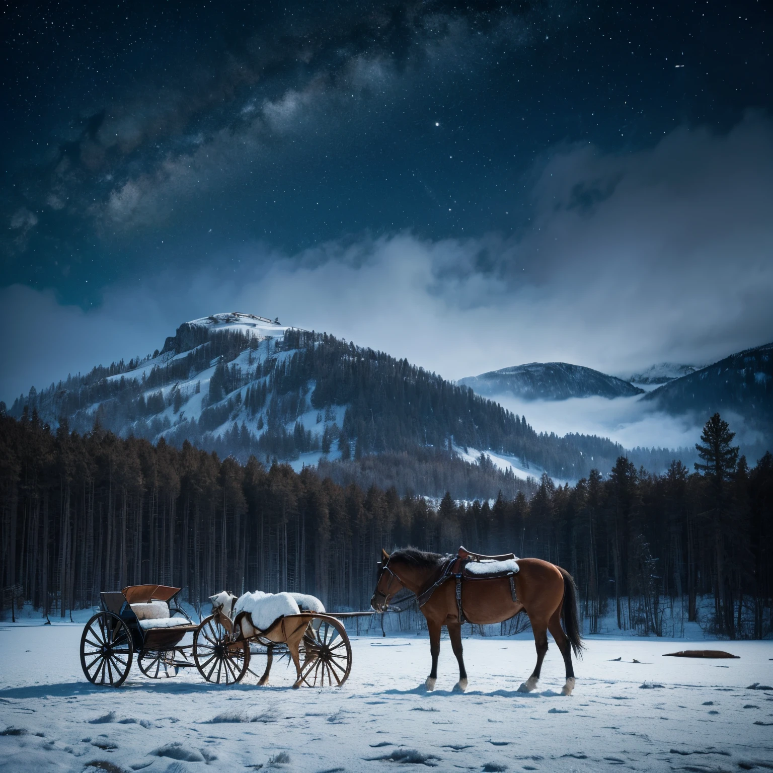 Create a picture take place in 1900s of a traveler parking his horse with harness bell between a frozen lake and a deep, dark forest with a farmhouse in it in a snowy windy night. Make it in an epic and minimalist art photography style.