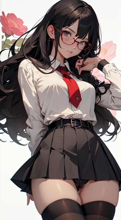 (Long black straight hair)、 Standing facing the front 、Full body posture、 (A detailed eye、二重まぶた、eye glasses、embarrassed from)、 (School Uniforms:1.3)、(black tight super mini pleated skirt:1.3)、(Skirt lift:1.3)、(Showing red sexy low leg panties:1.3)、(garterbelts:1.3)、(Black thigh socks:1.3)、) 、((Cameltoe:1.3)、(Model body type、Slim waist)、big butts、Large Thigh、(zettai ryouiki:1.3)))、(5Fingered hand、Highly detailed facial and skin texture)、 (ultra close up:1.3)、Focus on the crotch、(From below:1.2))、((top-quality、8K,masterpiece:1.3))、(Beautiful woman with perfect figure:1.4)、(Many colorful flowers bloom in the background:1.3)、NSFW