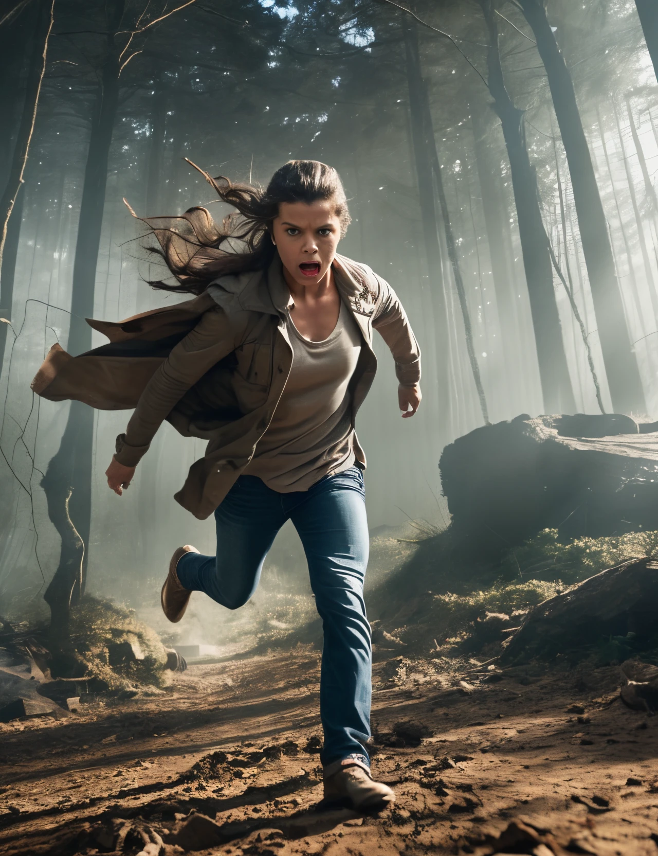 extremely scared woman running away from something dark, chasing in the background, terrifying scene --auto --s2