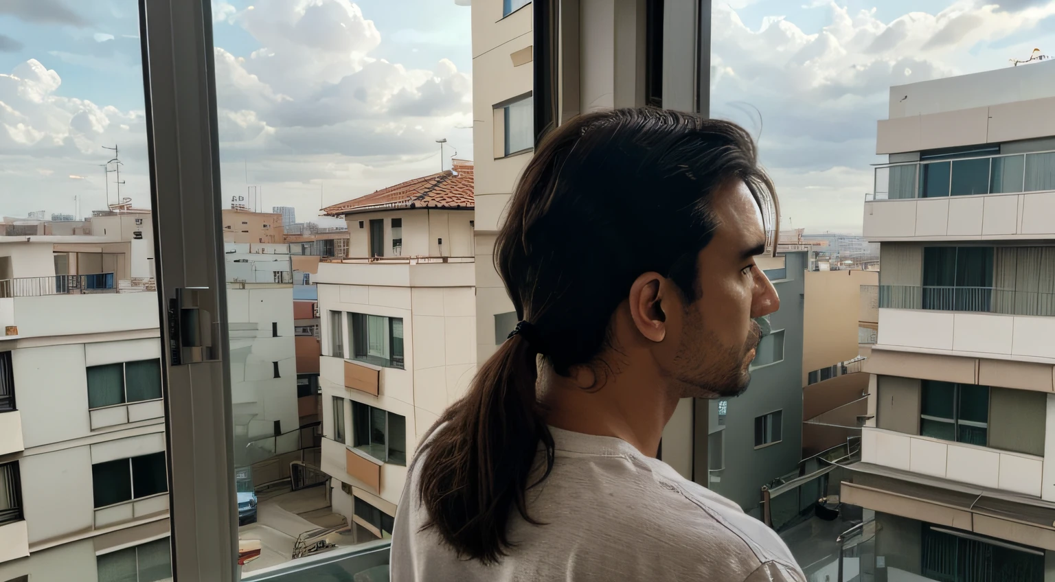 homem sentado na mesa de sua cozinha simples, looking at the sky from an apartment window, the view from the window he sees the cloudy sky around the buildings questioning the life of suffering he is going through at work with his family