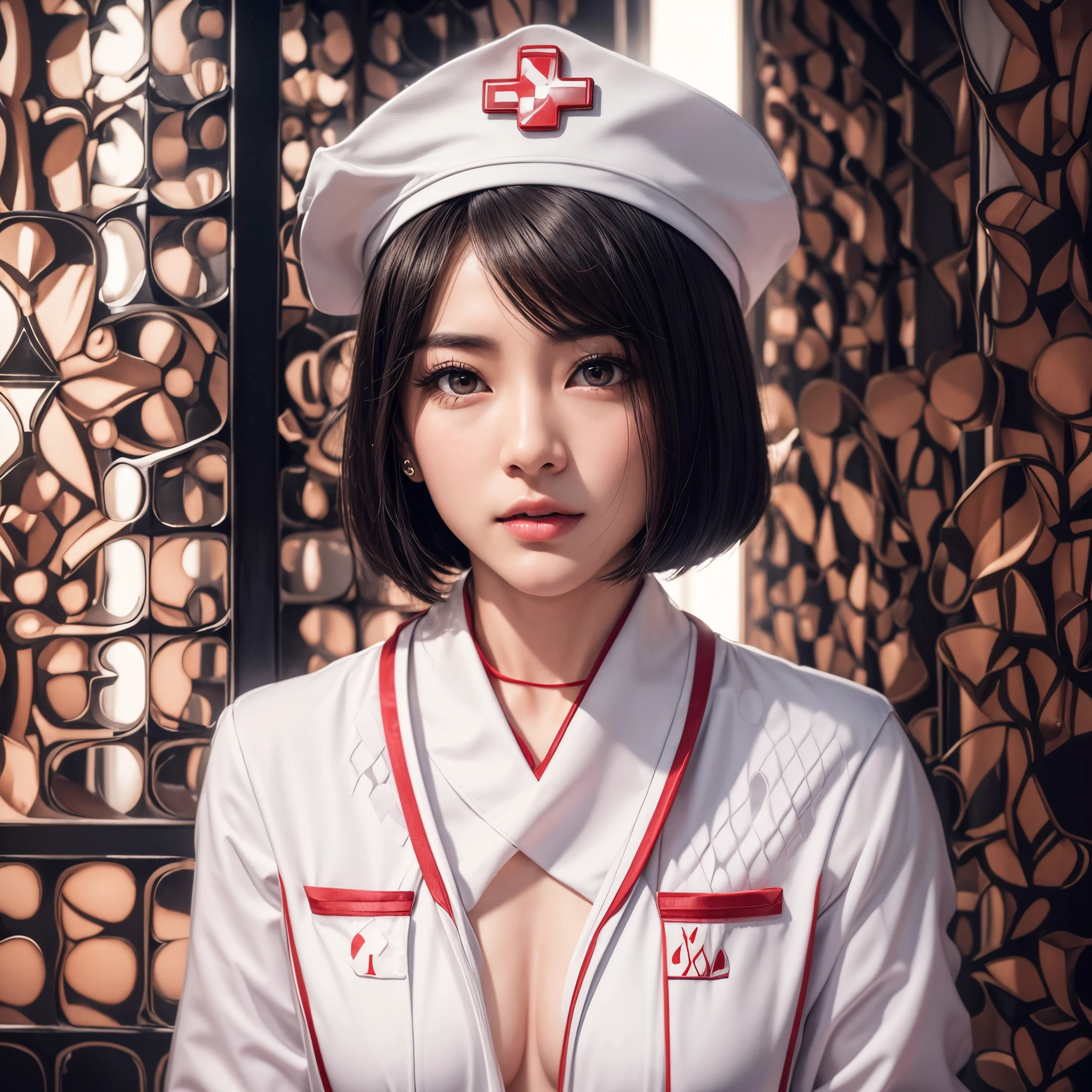 A beautiful Japanese nurse, beautiful, sexy, horny, short black hair, full lips, beautiful eyes, silky skin, wearing a white uniform, and wearing a white hat with a red cross, posing in the corridor of a hospital, beautiful hyperrealistic nurse , beautiful Japanese and photorealistic nurse, a beautiful Asian woman with intricate details.