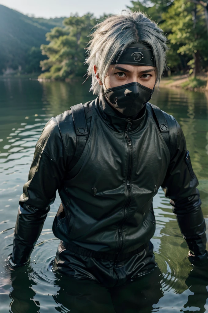 Kakashi Hatake, (in a lake), masterpiece, best quality, ultra quality, absurd details, best light, best shadow, sharp, sharp picture, detailed face, detailed eyes, detailed hair, detailed, extremely detailed, great resolution, 8k, 4k, uhd, ray tracing, beautiful effects, image of (full body)